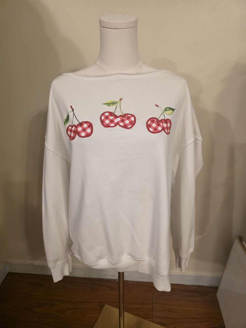 White Cherry Graphic Shoulder  Sweatshirt - Size M